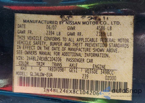 2008 Nissan Altima 3.5 Se from USA, damaged, VIN 1N4BL24EX8C104206